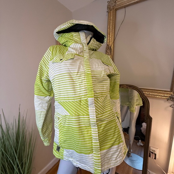 Zonal Clothing Green and White Striped Hooded Ski Snowboard Jacket Womens M - Picture 2 of 8